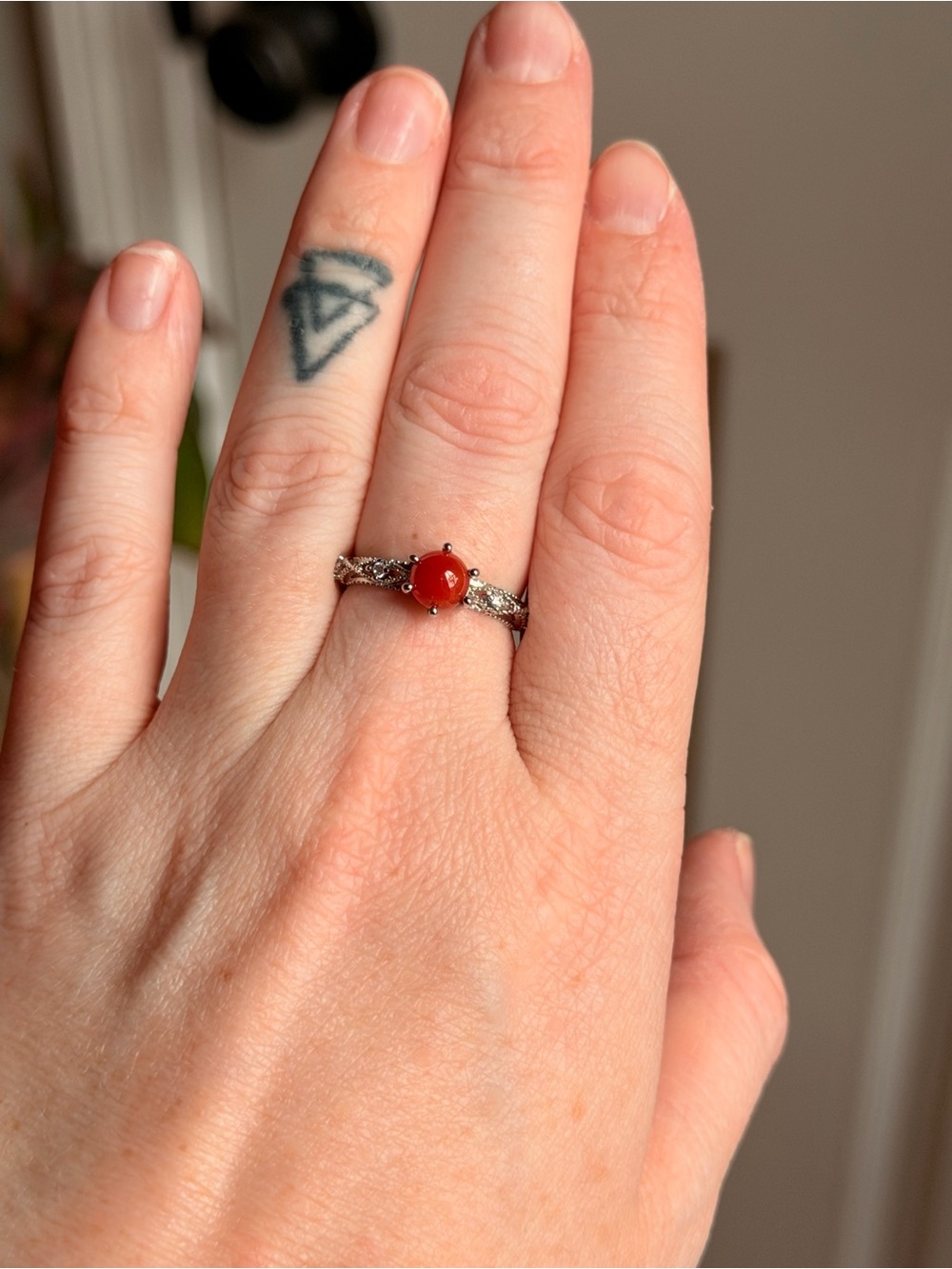Silver Plated Red Carnelian Solitaire Ring adjustable size